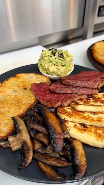Steak, halloumi, mushrooms, avocado and toast served at Milk Money Espresso