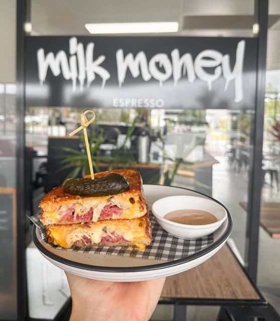 Golden stacked toastie served at Milk Money Espresso
